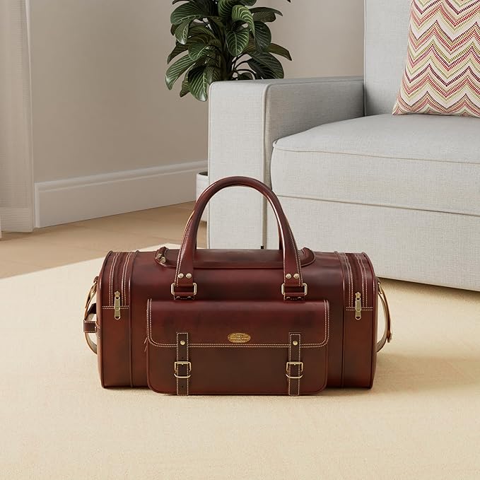 Men’s Gym Sports Overnight Weekender Bag Leather Travel Bags For Men Vintage Leather Duffle Bag Women Carry On Travel Holdall Bag 24 Inches
