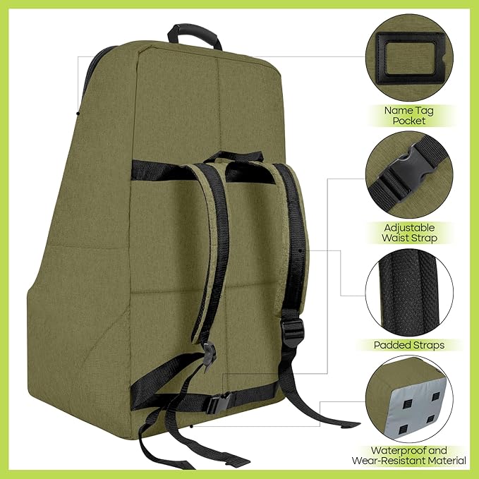 Padded Car Seat Travel Bag for Airplane, Heavy Duty Backpack for Air Travel, Water-Resistant Carrier with Shoulder Strap, Fits Most Car Seats (Green)