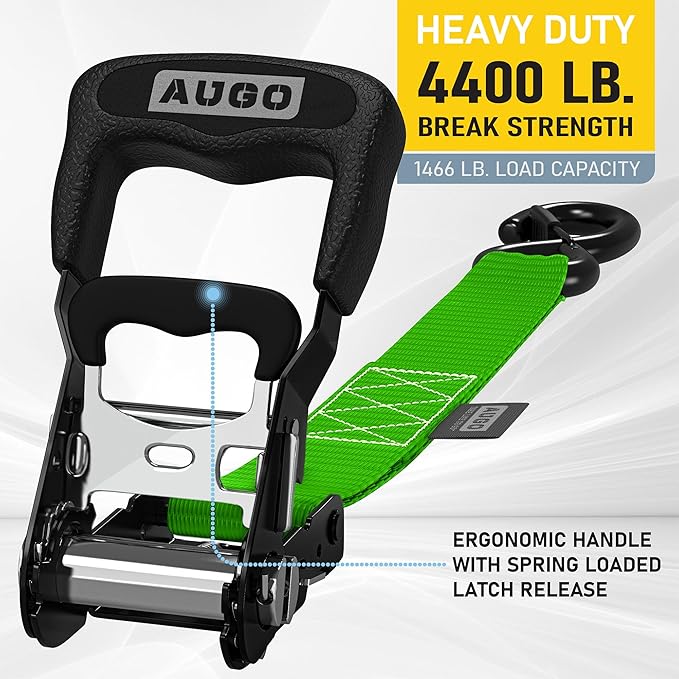 AUGO Heavy Duty Ratchet Straps & Soft Loops – Pack of 4 Extra Strong 1.5” by 10’ Ratchet Straps w/S-Hook Safety Latches & 4 Soft Loop Tie Downs – 4400Lb Break Strength for Motorcycles, ATVs, Etc.