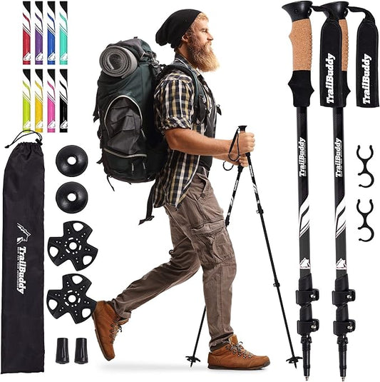 TrailBuddy Trekking Poles - Lightweight, Collapsible Hiking Poles for Snowshoe & Backpacking Gear - Pair of 2 Walking Sticks for Hiking, 7075 Aluminum with Cork Grip