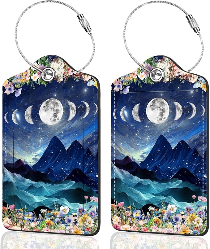 2Pack Luggage Tags for Suitcases, Cute Unique Pu Leather Cruise Luggage Tag with Privacy Cover ID Label Address Card and Metal Ring Suitable for Women Men Kids Travel Bag Mountains and The Moon