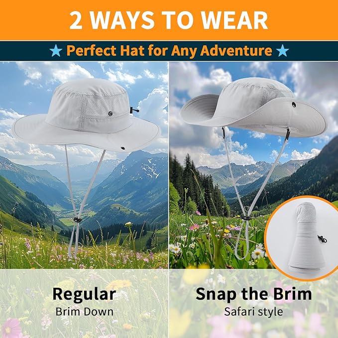 Home Prefer UPF50+ Mens Sun Hat Wide Brim Womens UV Protection Beach Bucket Hat for Fishing Hiking Snap Up Cowboy Hat