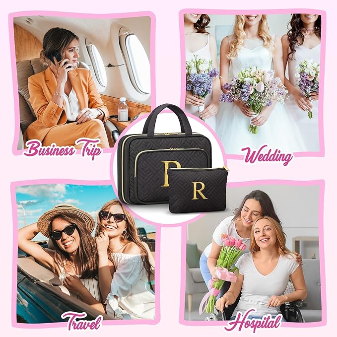 Gifts for Women, Initial Toiletry Makeup Bag Hanging Cosmetic Organizer with Embroidery Letter Personalized Nurse Teacher Appreciation Gift Birthday Christmas Gifts for Mom Sister Wife Friend Auntie