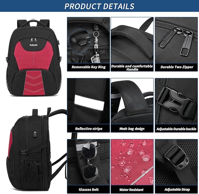 PUSLOM Extra Large Travel Laptop Backpack for Men 55L,Water Resistant 18.4 inch Big Business Laptop bags with USB Charging Port,TSA Friendly Anti Theft Computer Bag for Work College,Red