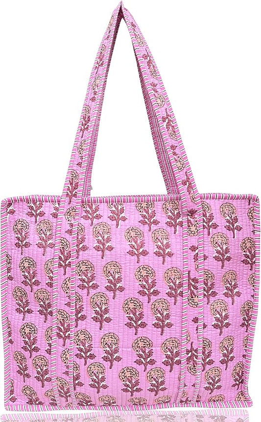 Cotton Quilted Tote Bag for Women – Large Beach & Travel Tote with Zipper, Reusable Grocery Bag