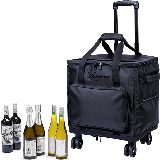 3-in-1 Wine Tote - Rolling Suitcase and Insulated Cooler Bag with Removable Dividers for 12 Bottles