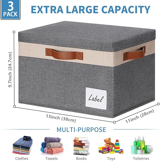 GhvyenntteS Fabric Storage Bins with Lids 3 Pack, Large Fabric Storage Baskets with Lid and Handles, Foldable Closet Organizers and Storage boxes with Label Window for Home (Beige, 15" x 11" x 9.7")
