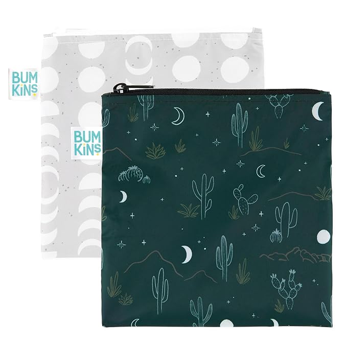 Bumkins Reusable Sandwich and Snack Bags, for Kids School Lunch and Adults Portion, Washable Fabric, Waterproof Cloth Zip Bag, Travel Pouch, Food-Safe Storage, Large 2-pk Desert Dk. Green and Gray