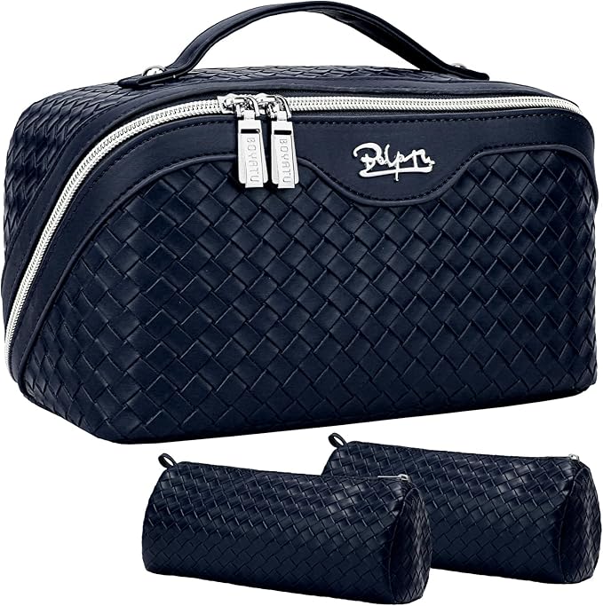 BOYATU Travel Makeup Bags for Women: Large Make up Bag Set of 3 - PU Leather Toiletry Bags - Portable Cosmetic Bag with Divider & Handle (L11 Dark Blue)