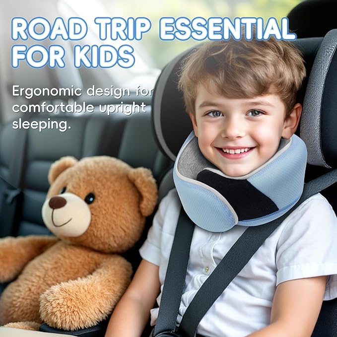 Junior Kids Travel Neck Pillow - Ergonomic Memory Foam Pillow for Airplane, Car, Booster Seat - Soft, Washable, Compact Travel Pillow with Strap - Light Blue - Ages 4–13