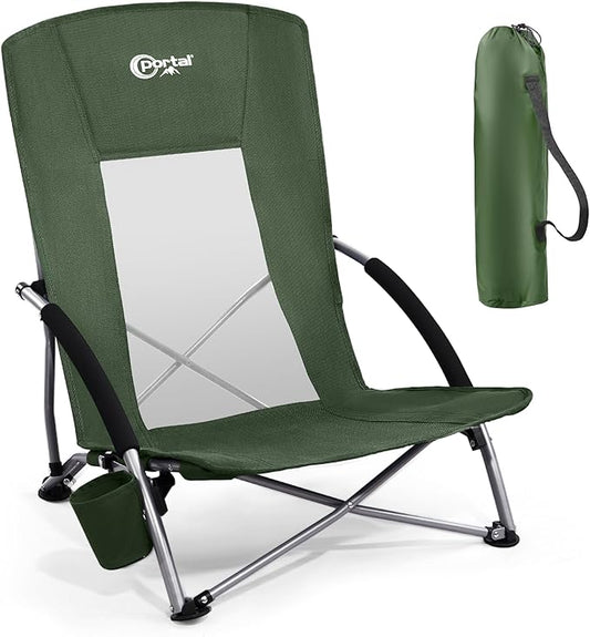 PORTAL Beach Chairs for Adults Camping Low Lightweight Portable Chair with Cup Holder Mesh Back Carry Bag for Outdoor Sand Lawn Travel Picnic Festival Concert, 350LBS