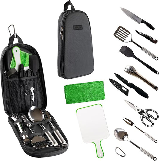 Life2Go 12 Piece Camp Cooking Utensil Set & Outdoor Kitchen Gear Cookware Kit, Portable Compact Carry Case for Camping, Hiking, Travel, BBQ Grilling Stainless Steel Accessories Spoon & Fork, Gray