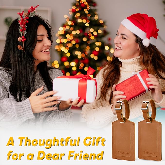 Travelambo Luggage Tags for Suitcases Faux Leather Privacy Protection 2 Pack Bag Tags Travel Accessories Essential, Yellowish Brown