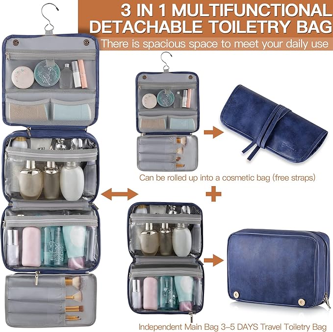 Elviros Hanging Toiletry Bag for Men Travel Essentials 3-in-1 Large Waterproof Dopp Kit PU Leather Shaving Bag with Separate Compartments for Grooming and Toiletries