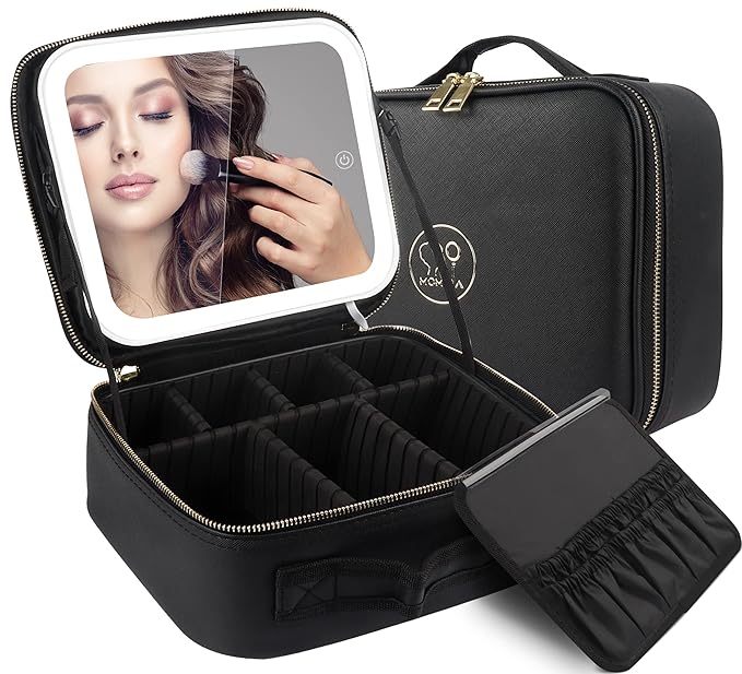 MOMIRA Travel Makeup Bag Cosmetic Bag Makeup Organizer Bag with Lighted Mirror, Adjustable Brightness in 3 Color Scenarios, Waterproof Makeup Train Case, Gift for Women - Black