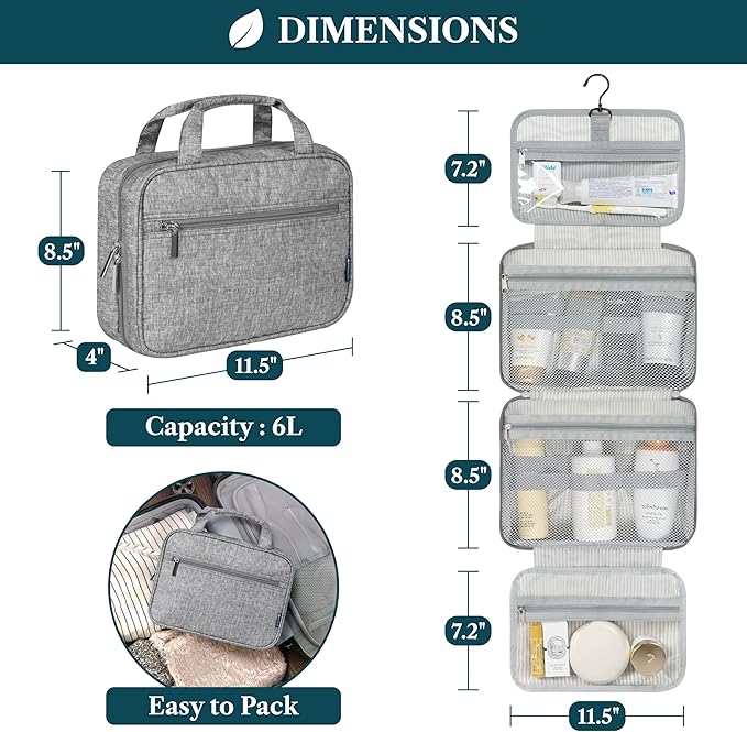 PAVILIA Hanging Toiletry Bag Travel Bag Women Men, Foldable Cosmetic Organizer, Roll up Makeup Bag, Water Resistant Accessories Toiletries, Large Travel Essentials Kit (Heather Grey)