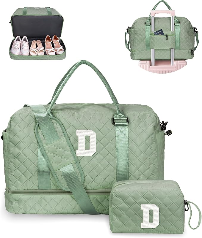 Bridesmaid Proposal Gifts, Gifts for Women-Initial Travel Bag with Shoe Compartment, Girls Weekender Bag, Monogram Overnight Bag for Women, Letter Travel Bag with Makeup Bag (Letter D)