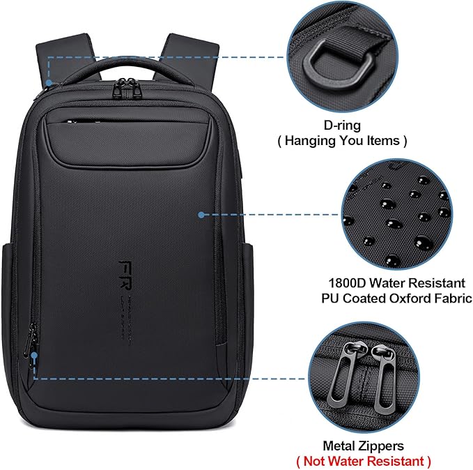 FENRUIEN Business Backpack for Men,Water Resistant Tech Backpack with Charger,Black Laptop Backpack 15.6 Inch