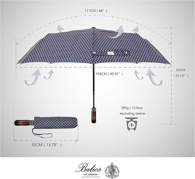 Balios Travel Folding Umbrella with Real Wood Handle Auto Open Close Vented Windproof Canopy - Designed in UK