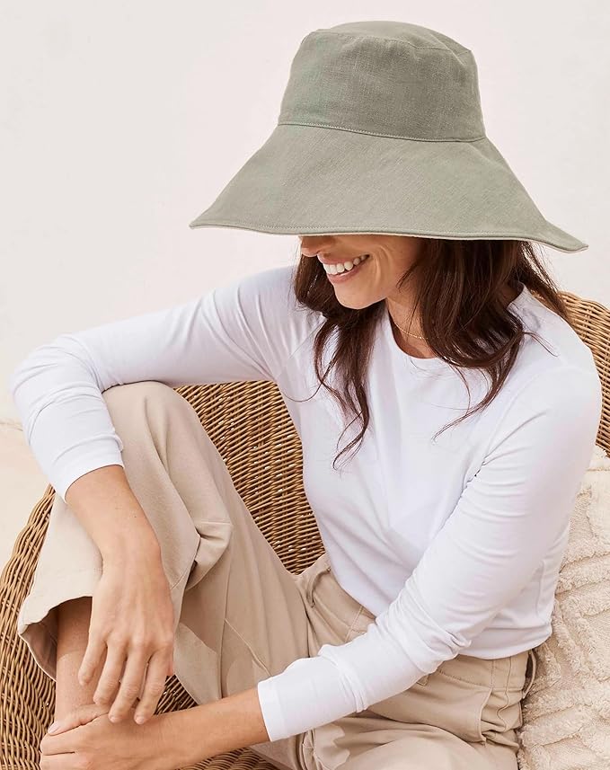 Solbari Women’s Ultra-Wide Cotton Linen Sun Hat UPF 50+, Packable, Adjustable with Ponytail Hole for Travel, Beach & Outdoors