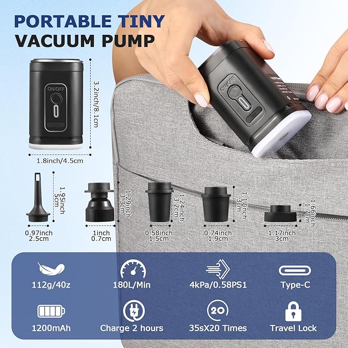 TPU Vacuum Bag for Travel, 70D Nylon Reusable Compression Bag with IP67 Waterproof Zipper, Compression Packing Cubes for Clothing(Gray-2 PCS + PUMP)