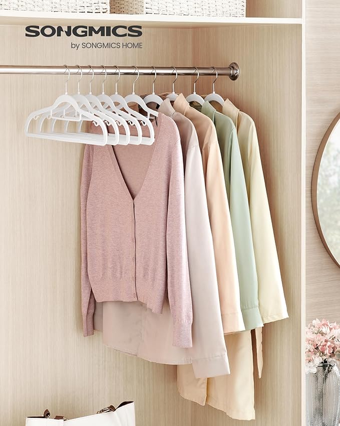 SONGMICS Pack of 50 Coat Hangers, Space-Saving Plastic Clothes Hangers, Non-Slip, 0.2 Inches Slim, 16.5 Inches Wide, 360° Swivel Silver Hook, White UCRP20WT50
