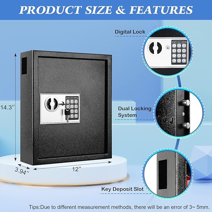 KYODOLED Electronic 60-Key Cabinet Wall-Mounted Digital Key Safe, Key Lock Box, Large Security Key Box for Keys Holder, Heavy-Duty Combination Lock Storage Box, 14.3'' X 12'' X3.94'' (Black, 60 Keys)