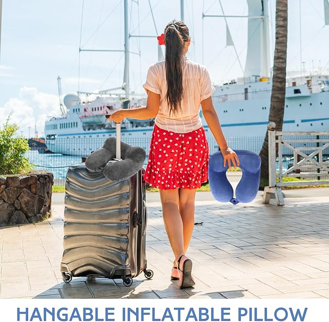Sintuff 2 Pcs Inflatable Travel Pillow with Compact Bag and Blindfold Velvet Inflatable Neck Airplane Pillow Washable Cushion for Airplanes Flight Car Long Traveling Kids Adults Grey Blue