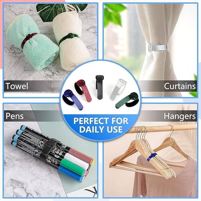 100 x Colourful Reusable Cable Ties, Cable Straps, Adjustable Cable Ties, Strong Hook and Loop Cable Straps with Buckle for TV Cables, PC Cables and Desk Organisation