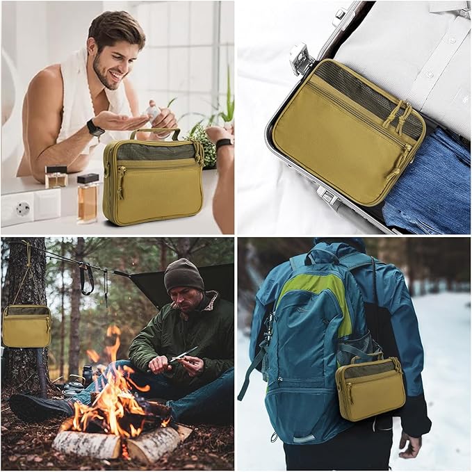 SUNRISING Tactical Toiletry Bag for Men - Hanging Travel Dopp Kit, Shaving Hygiene Organizer, Durable Bathroom Essentials for Short Trips & Camping Khaki（No molle）