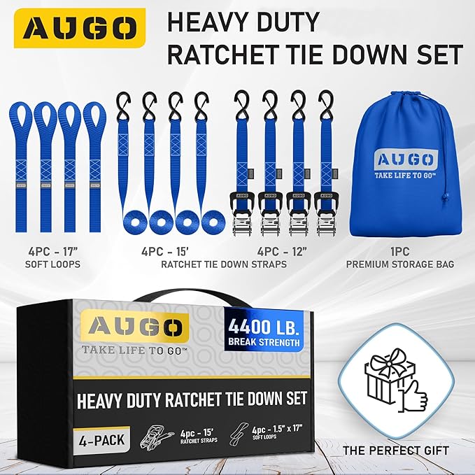 AUGO Heavy Duty Ratchet Straps & Soft Loops – Pack of 4 Extra Strong 1.5” by 15’ Ratchet Straps w/S-Hook Safety Latches & 4 Soft Loop Tie Downs – 4400Lb Break Strength for Motorcycles, ATVs, Etc.