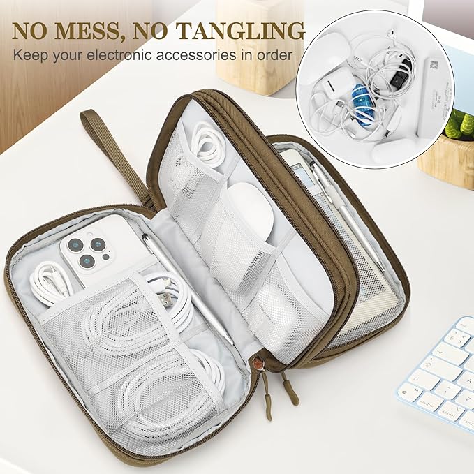 FYY Electronic Organizer, Large Travel Cable Organizer Bag Pouch Electronic Accessories Carry Case Portable Waterproof Double Layers All-in-One Storage Bag for Cable, Cord, Charger, Phone, Brown