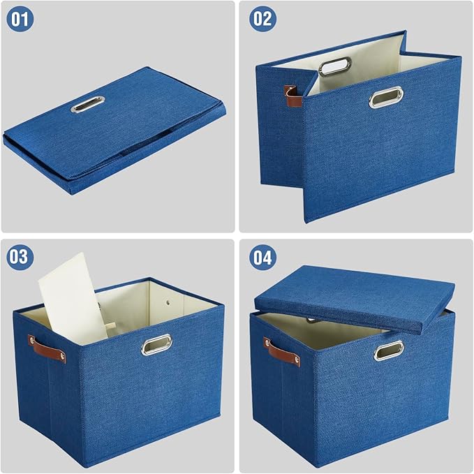 17" Large Collapsible Storage Bins with Lids, Stackable Closet Organizers with PU Handle and Labels, 3-Pack Decorative Fabric Storage Boxes for Home, Bedroom, Closet, Office, Nursery(Navy)