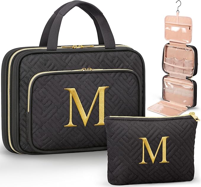 Personalized Gifts for Women, Initial Toiletry Bag Hanging Travel Organizer & Makeup Cosmetic Bag with Embroidery Letter Teacher Appreciation Gift Birthday Mothers Day Gifts for Mom Wife Friend Sister