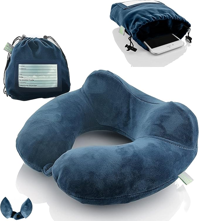 Inflatable Travel Neck Pillow: Extra-Soft, Cushion. for Airplanes, Trains, Cars, Portable Travel Accessory-with Carrying Pouch for Cell Phone and Passport Etc. (Blue 2 Pack)