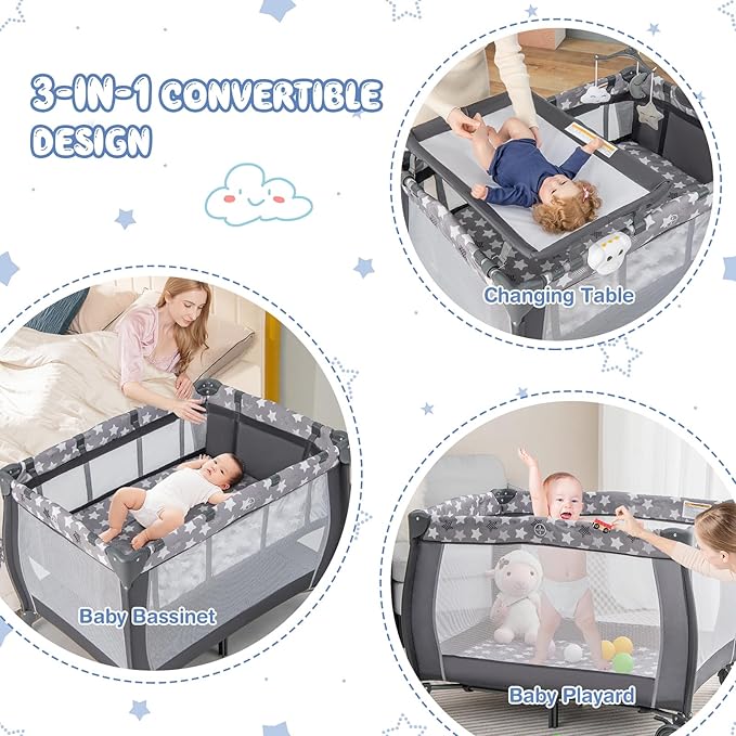 HONEY JOY Pack and Play, 3 in 1 Portable Baby Playard with Bassinet, Changing Table, Lockable Wheels, Music Box, Foldable Travel Baby Crib Nursery Center from Newborn to Toddler (Star Gray)