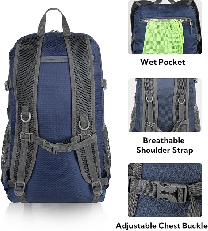 WATERFLY Lightweight Packable Hiking Backpack: 30L Foldable Travel Daypack Ultralight Camping Day Pack for Woman Man