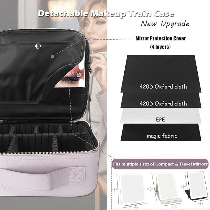 MOMIRA Travel Makeup Bag Cosmetic Bag Makeup Organizer Bag with Lighted Mirror, Adjustable Brightness in 3 Color Scenarios, Waterproof Makeup Train Case, Gift for Women - Violet grey