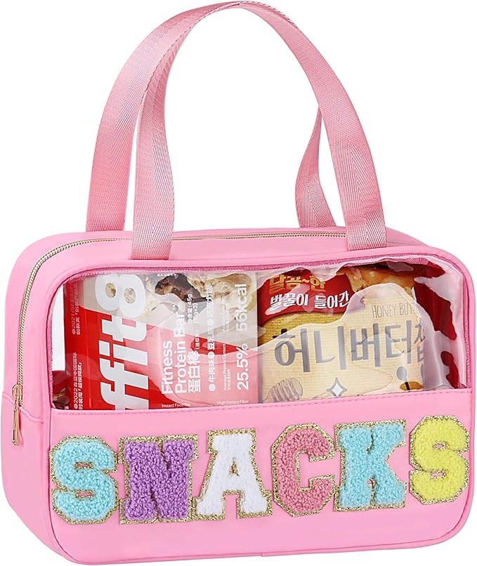 Snack Bag for Travel - Chenille Letter Clear Makeup Bag, Large Preppy Patch Snack Cosmetic Bag with Handle and Zipper, Cute Makeup Pouch Nylon&PVC Waterproof Toiletry Organizer Storage for Women Girls