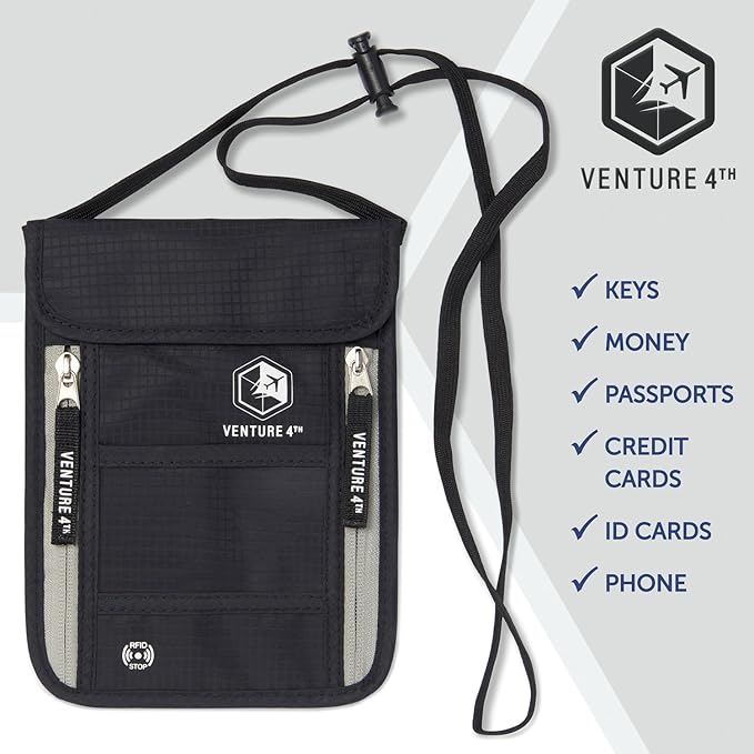 VENTURE 4TH Passport Holder Neck Wallet with RFID Blocking Nylon Lining - Hidden Neck Pouch for Travel (Black)