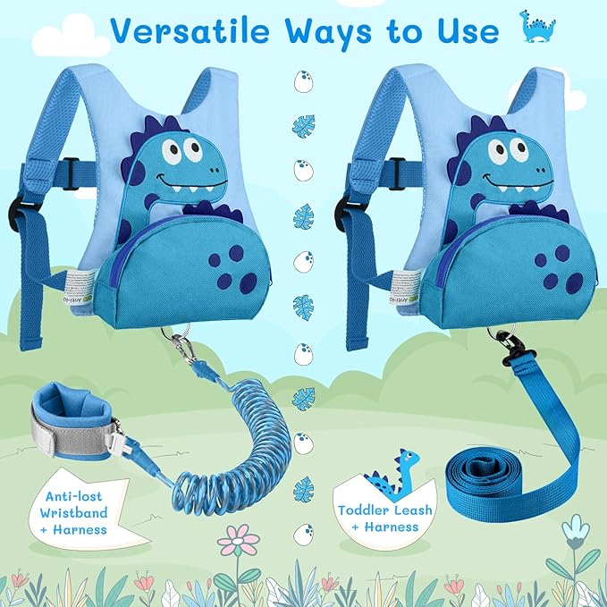 Dr.meter 3 in 1 Toddler Harness Leash + 8.2ft Anti Lost Wrist Link, Cute Dinosaur Kids Safety Harness with Key Lock, Child Walking Harness Assistant Strap for Outdoor Activity Travel