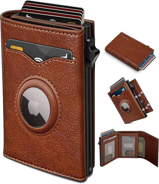 Airtag Wallet for Men,with Cash Pocket 2 ID Window 9-12 Cards,Metal Case Smart Slim Pop Up Credit Card Holder Flip with Magnetic Closure RFID Blocking Trifold wallet with Gift Box