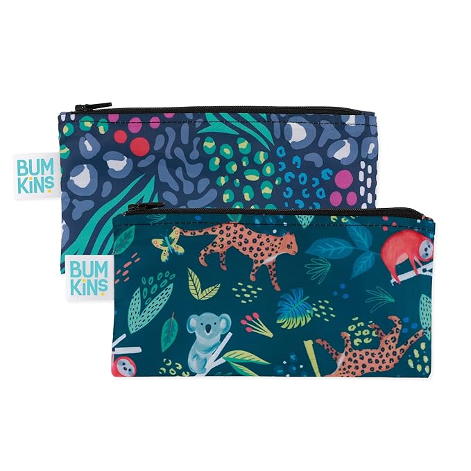 Bumkins Reusable Snack Bags, for Kids School Lunch and for Adults Portion, Washable Fabric, Waterproof Cloth Zip Bag, Supplies Travel Pouch, Food-Safe, 2-pk Jungle and Animal