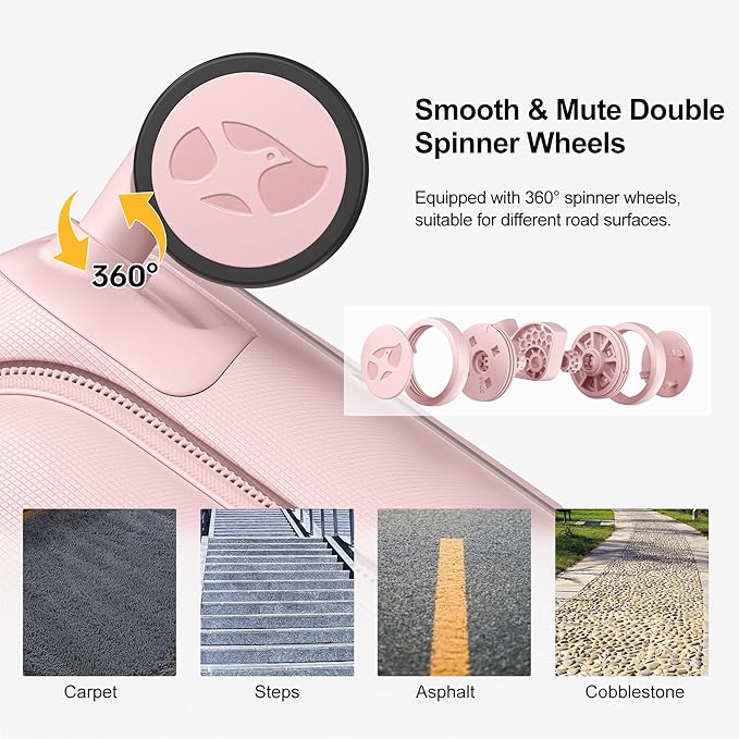 MGB 20 Inch Top Open Carry On Luggage 22x14x9 Airline Approved, 100% PC Hard Shell Carry On Suitcase with Spinner Wheels, Front Opening Travel Luggage for Women Men Gifts. Pink