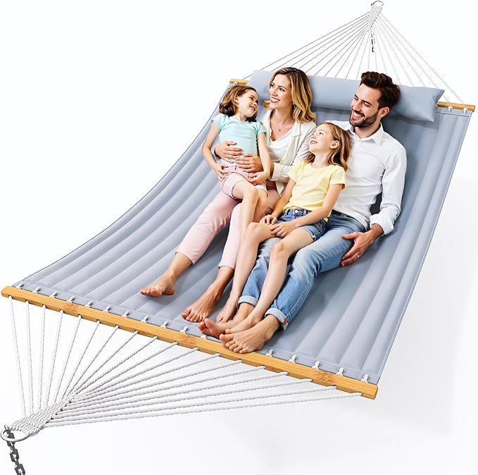 Double Hammock with Spreader Bar,Soft Pillow,Max Load 500lbs,Portable Hammock for Outdoor,Camping,and Backyard,Dark Gray