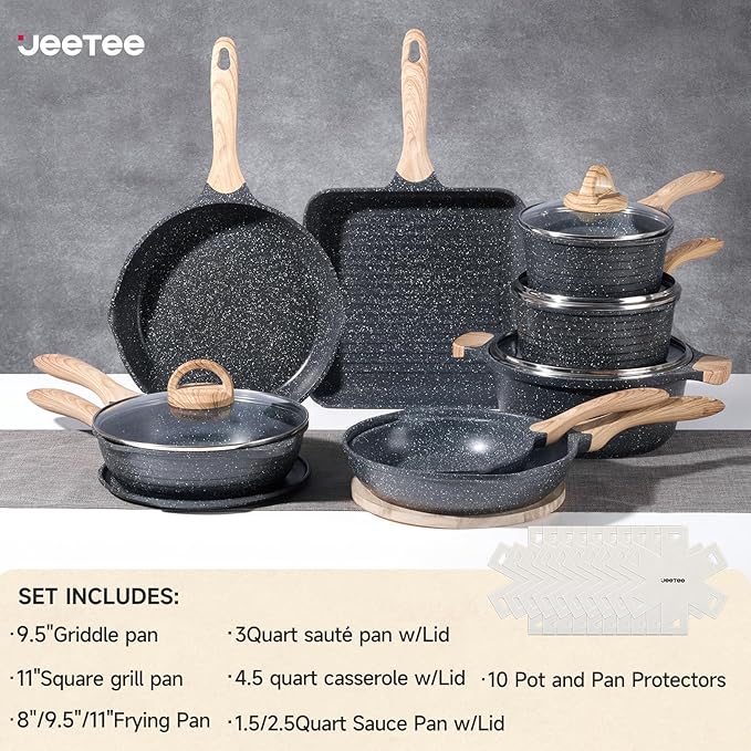 JEETEE Pots and Pans Set Non Stick 23pcs, Healthy Kitchen Cookware Sets, Induction Cooking Set W/Gray Frying Pans, Saucepans, Sauté & Griddle & Crepe Pan (PFOA, PFAS Free)