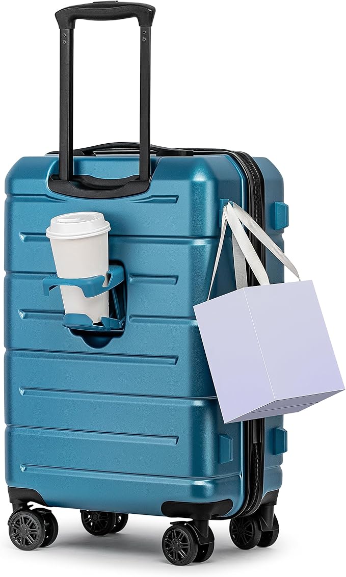 KYME Carry On Luggage 22x14x9 Airline Approved with Cup Holder Hardside Carry On Suitcase with Spinner Wheels TSA Lock Hardshell 22 inch Travel Rolling Luggage for Women Men Blue