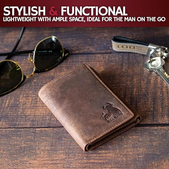 BULL GUARD Leather Trifold Wallets For Men with ID and RFID Blocking Great For Work, Sports, Outdoors