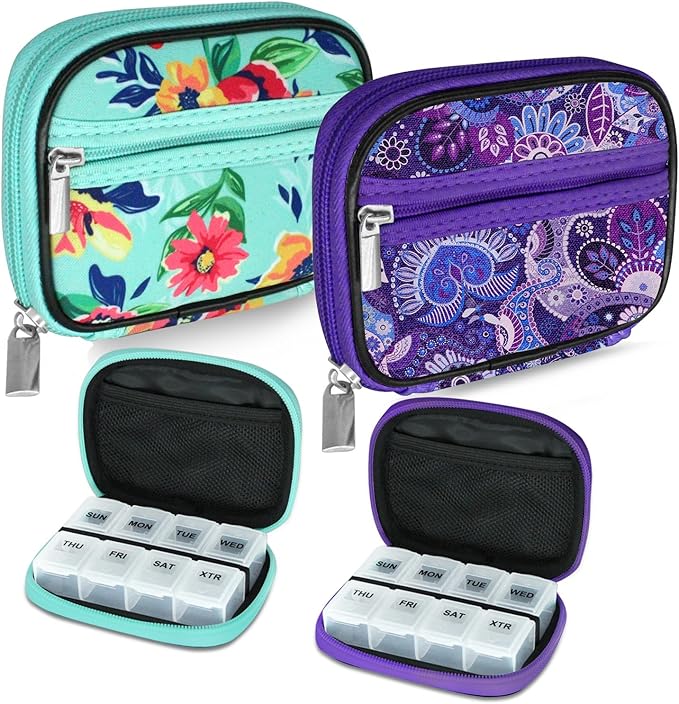 Serfeymi Weekly Travel Pill Organizer Pill Case for Purse with Removable 7 Day Pill Box, Fashionable Travel Medicine Organizer Pill Container for Medicine, Vitamin, Supplement - Green 01 + Purple 01