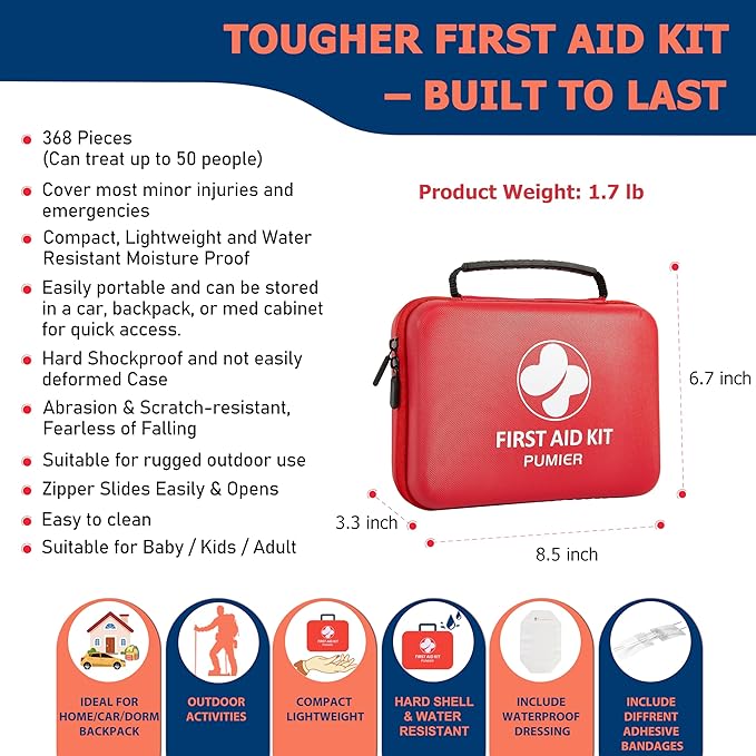 First Aid Kit - 368pcs Waterproof Compact Portable Hard Case - Ideal for Home, Car, Travel, Businesses, Hiking, Vehicle, Boat, Office, Survival - Public Must Have Emergency Kit, Camping Essentials